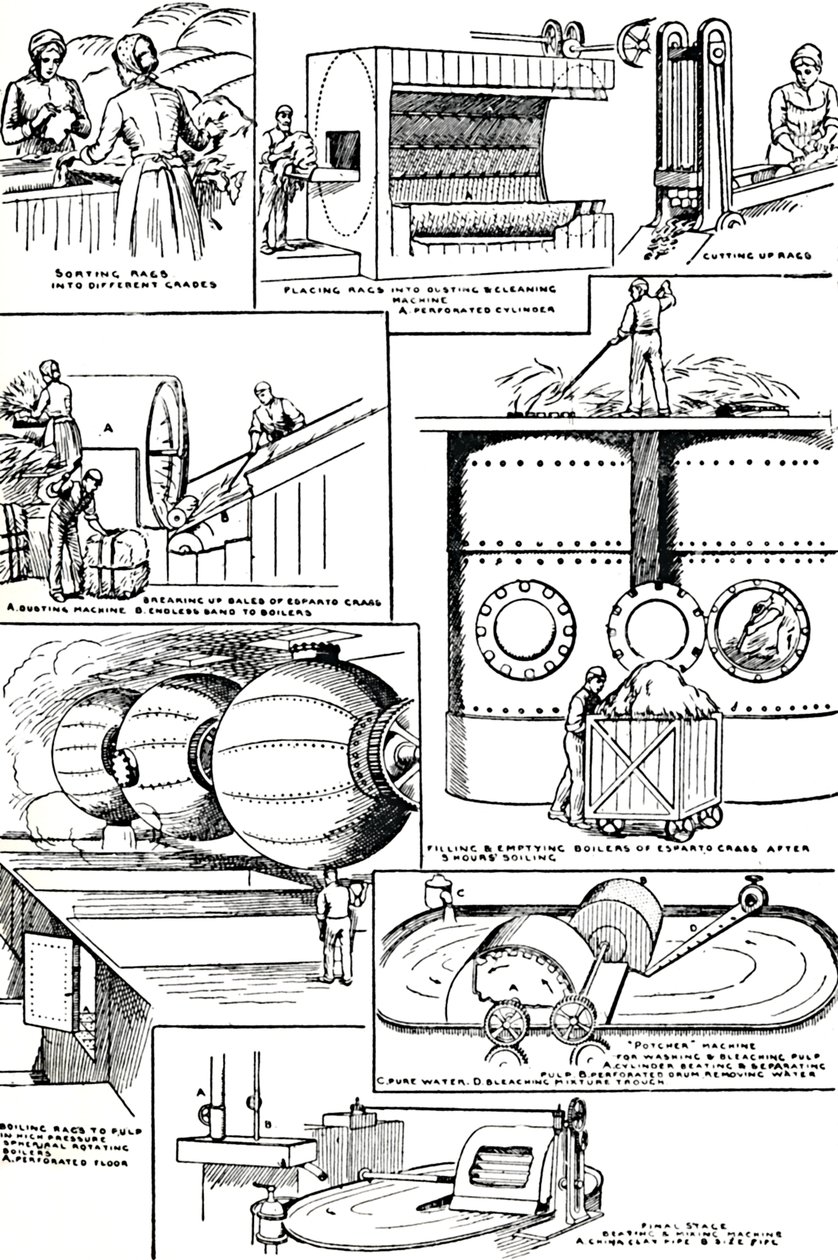 Diagrammi che illustrano la preparazione di stracci e erba sparto per la fabbricazione della carta, c1917 da Unbekannt