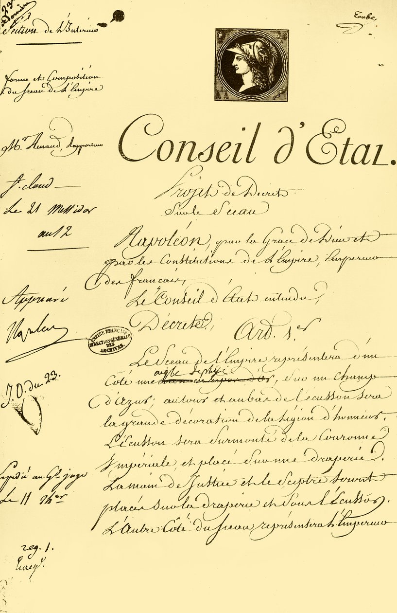Bozza del decreto sulla forma e composizione del sigillo imperiale, 10 luglio 1804, 1921 da Unbekannt
