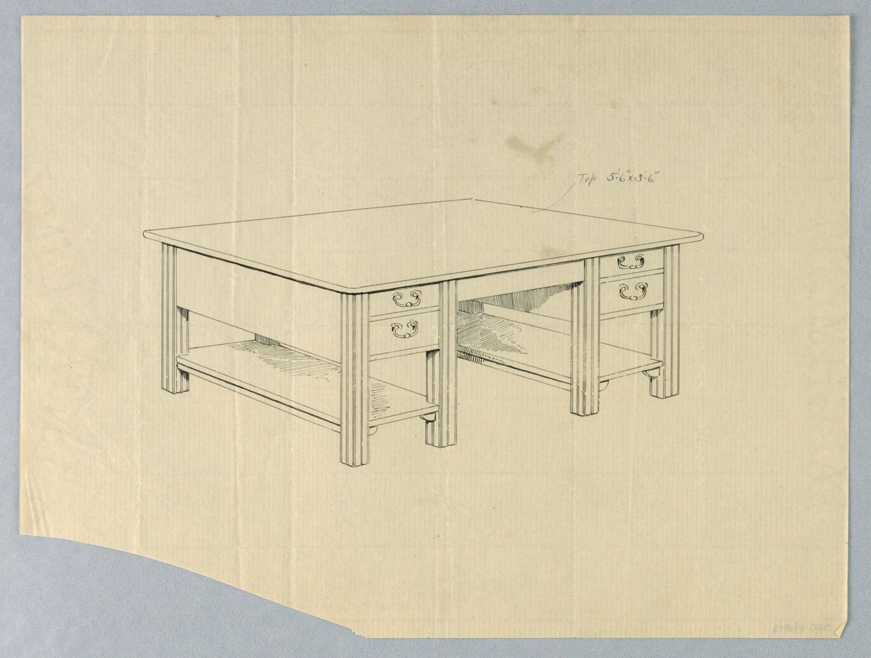 Disegno, Progetto per un Tavolo da Biblioteca Massiccio con Gambe Scanellate Quadrate e Ripiani Aperto da Unbekannt