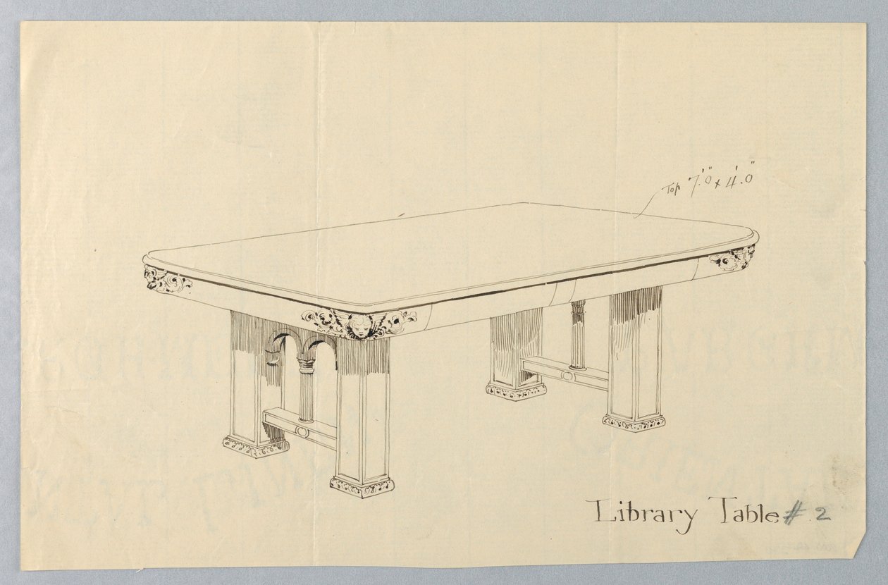Disegno, Progetto per un Tavolo da Biblioteca Rettangolare #2 con Facce di Putti Intagliate su Ognuno degli Angoli Arrotondati da Unbekannt