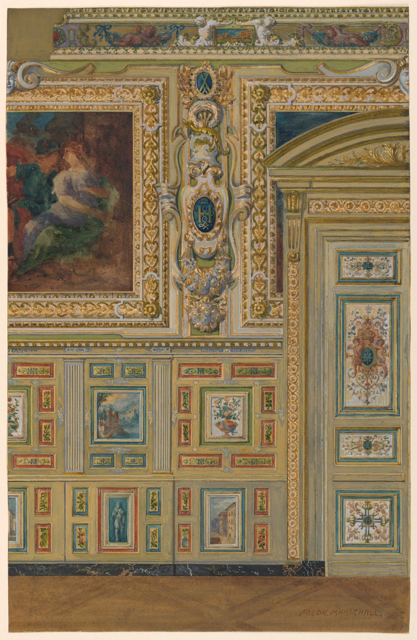 Sezione di un muro con gruppi di pannelli dipinti, Camera Ovale, Salone Luigi XIV, Palazzo di Fontainebleau, Francia da Unbekannt
