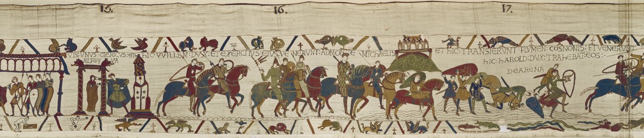 Il Duca Guglielmo guida il suo esercito in Bretagna dove Harold salva coraggiosamente i soldati dalle sabbie mobili, Arazzo di Bayeux da Unbekannt