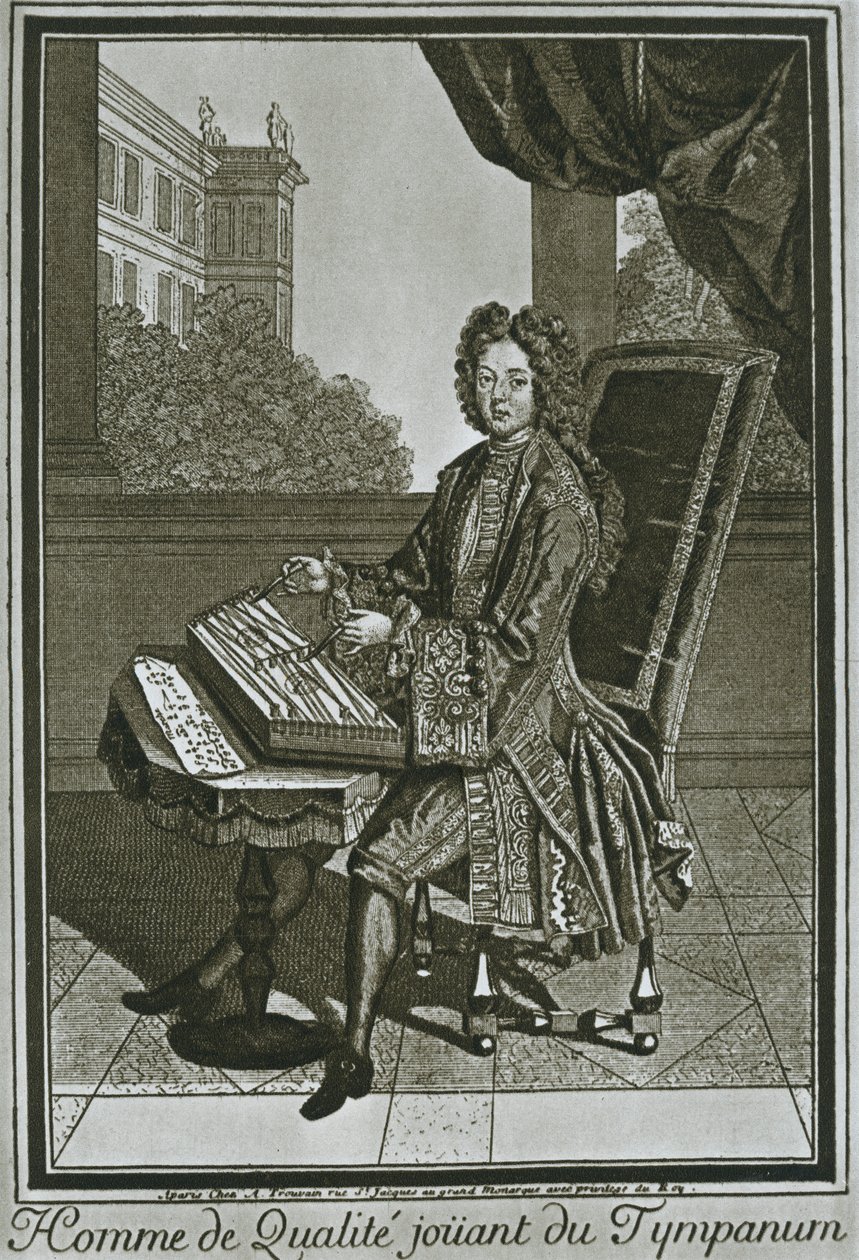 Timpano di dulcimer, incisione francese del XVII secolo, 1948 da Unbekannt