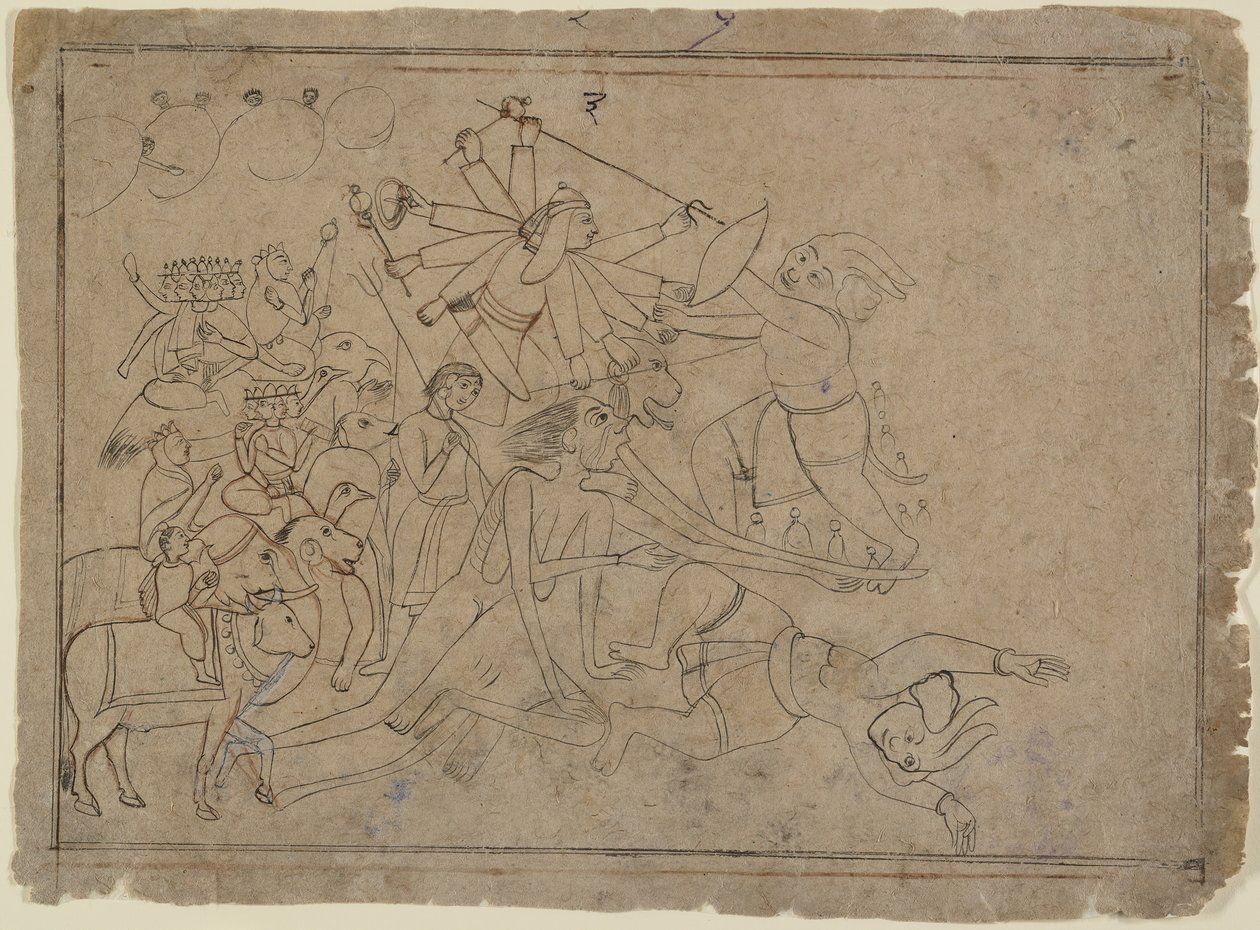 Durga, Kali e le Matrikas combattono il demone Raktabija: Scena dal Devi Mahatmya, ca. 1780 da Unbekannt