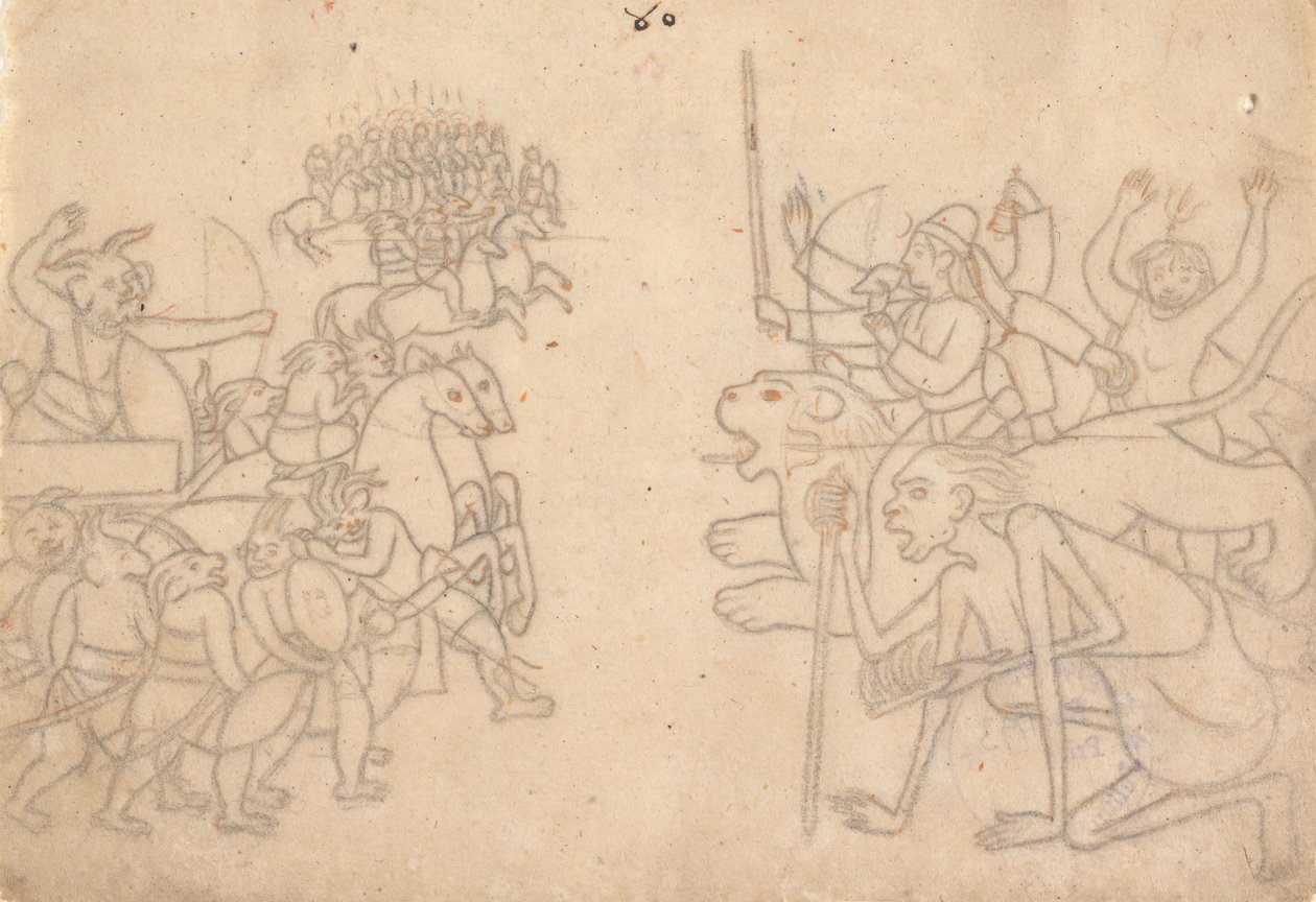 Durga e Kali si avvicinano agli eserciti riuniti di Chanda e Munda, dal Devi Mahatmya, c. 1780 da Unbekannt