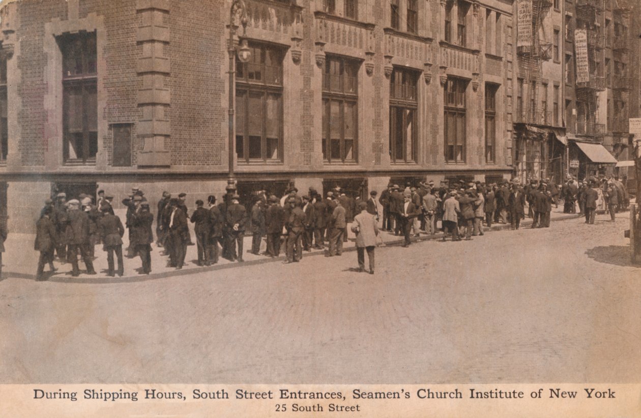 Durante le ore di spedizione, ingressi di South Street, Seamens Church Institute di New York, c1888 da Unbekannt