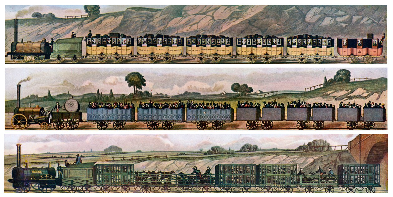 Prime carrozze ferroviarie, la Liverpool and Manchester Railway, Inghilterra, 1831, c1900-1920 da Unbekannt