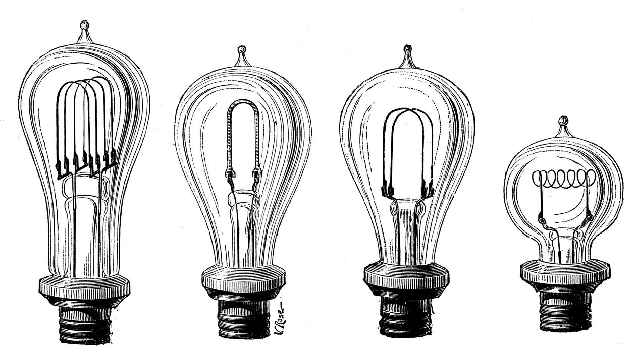 Lampade a incandescenza di Edison che mostrano varie forme di filamento di carbonio, 1883 da Unbekannt