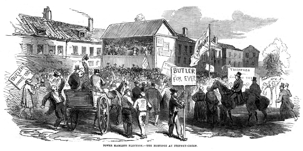 Comizi elettorali a Stepney Green durante le elezioni di Tower Hamlets, Londra, 1852 da Unbekannt