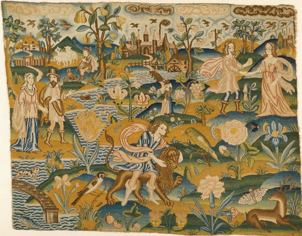 Quadro ricamato: Uomo con un leone in un paesaggio con due coppie, seconda metà del XVII secolo da Unbekannt