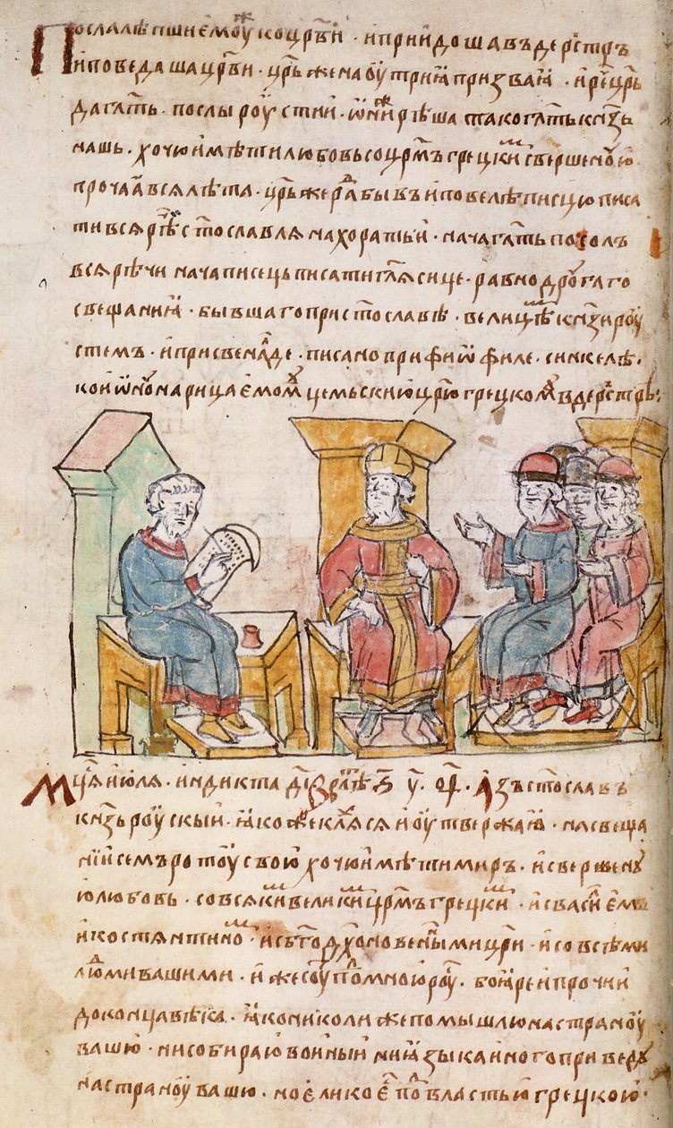 Imperatore Giovanni I Tzimiskes che incontra gli ambasciatori di Sviatoslav I di Kiev dal Radziwill Chronicle da Unbekannt