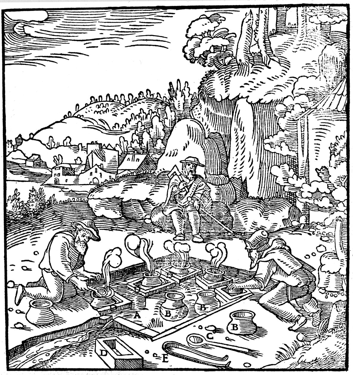 Pentole di evaporazione della salamoia in una sorgente termale naturale per ottenere il sale, 1556 da Unbekannt