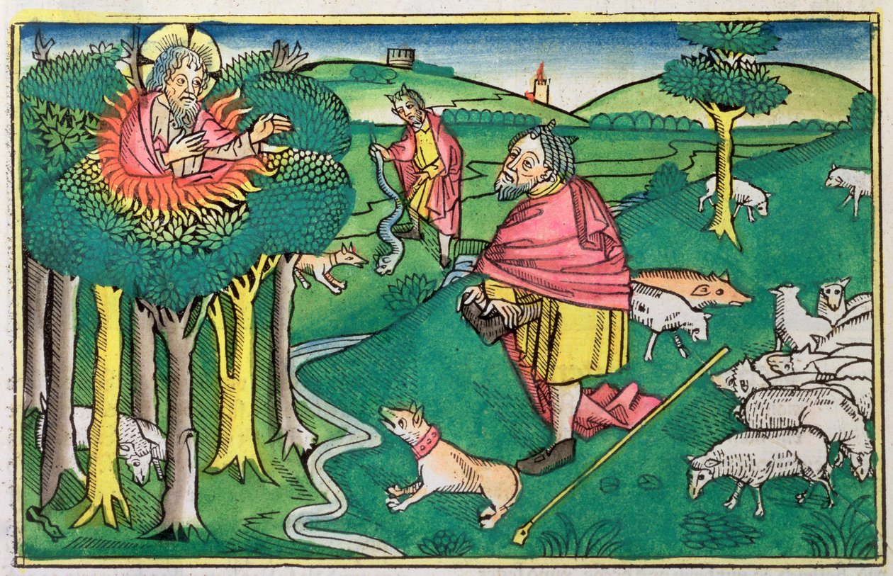 Esodo 3:1-22 e 4:1-4: il roveto ardente e Dio arma Mosè con la verga miracolosa da Unbekannt