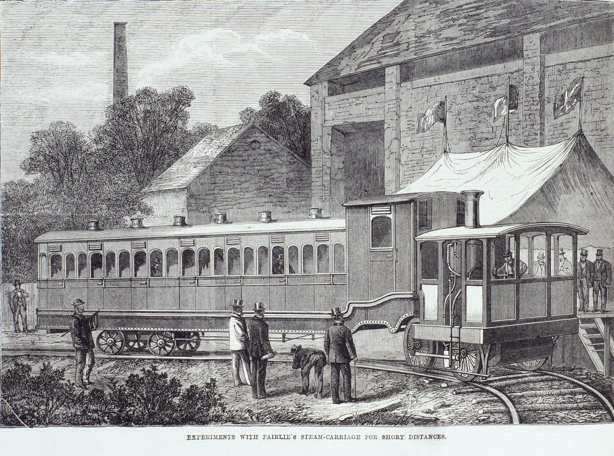 Esperimenti con la carrozza a vapore di Fairlie per brevi distanze, agosto 1869 da Unbekannt