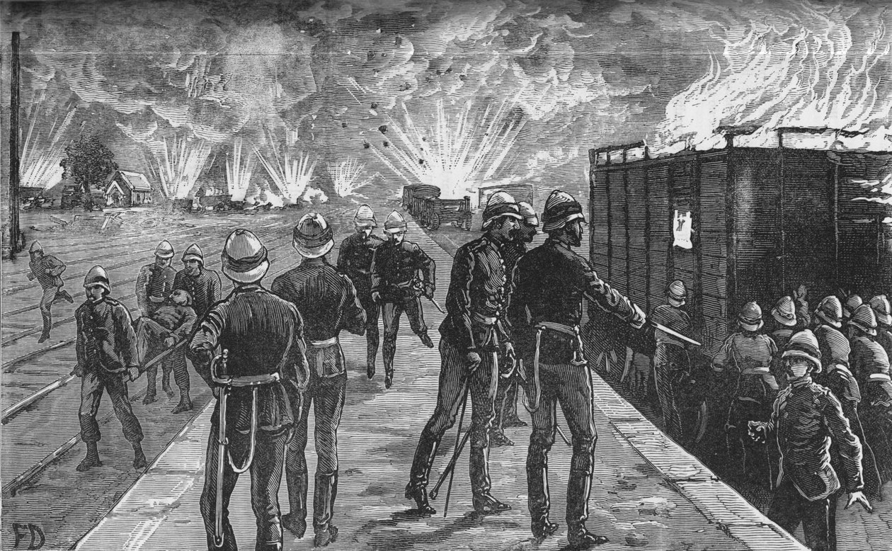 Esplosione alla stazione ferroviaria del Cairo: Scoppio di proiettili e munizioni, c1882-85 da Unbekannt