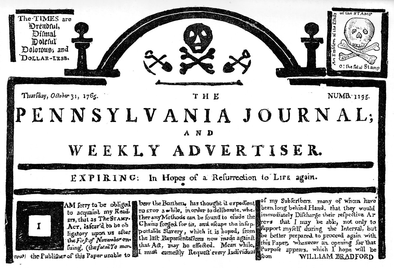 Facsimile del Pennsylvania Journal sullo Stamp Act, 1765 c1880 da Unbekannt