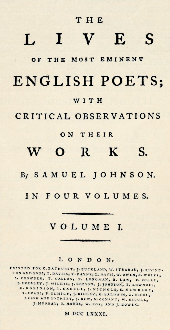 Facsimile della pagina del titolo ridotta di Johnsons Lives of the Poets - come ripubblicata in forma separata da Unbekannt