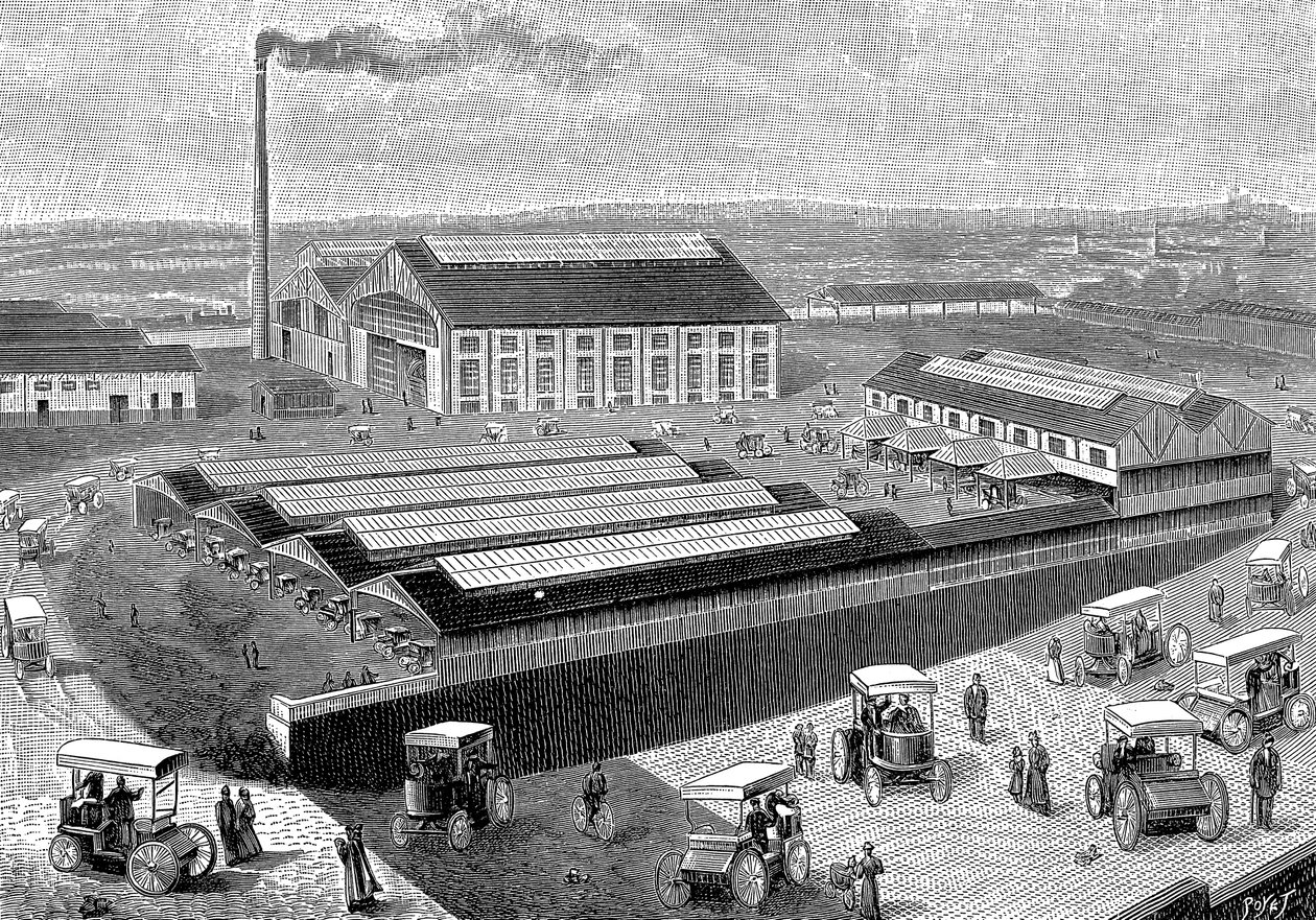 Fabbrica per la produzione, ricarica e manutenzione di taxi elettrici, Aubervilliers, Francia, 1899 da Unbekannt