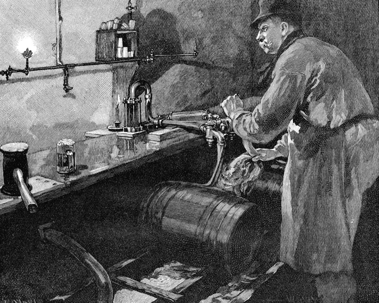 Riempimento di barili di birra in una birreria americana, 1885 da Unbekannt