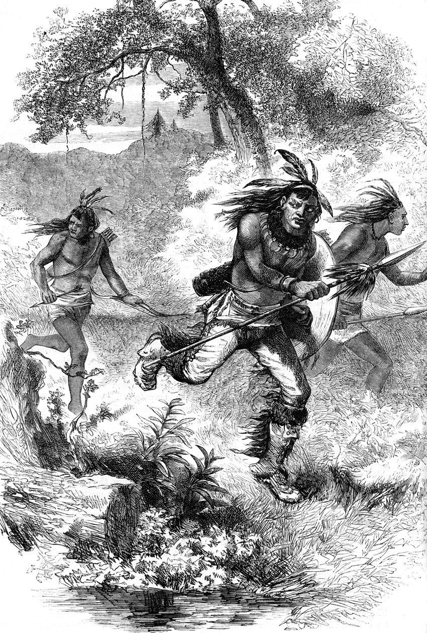 Fuga dei nativi americani dopo un massacro di coloni, XVII secolo, c1880 da Unbekannt