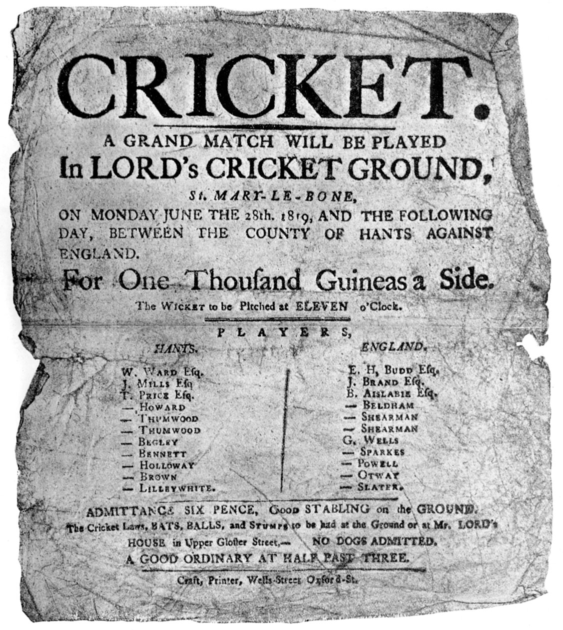 Volantino pubblicitario di una partita di cricket tra Hampshire e Inghilterra, 1819 1912 da Unbekannt