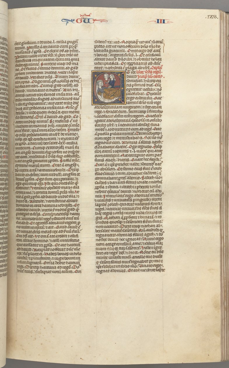 Fol. 123r, Re III, iniziale istoriata E, un attendente porta Abisag a David..., c. 1275-1300 da Unbekannt