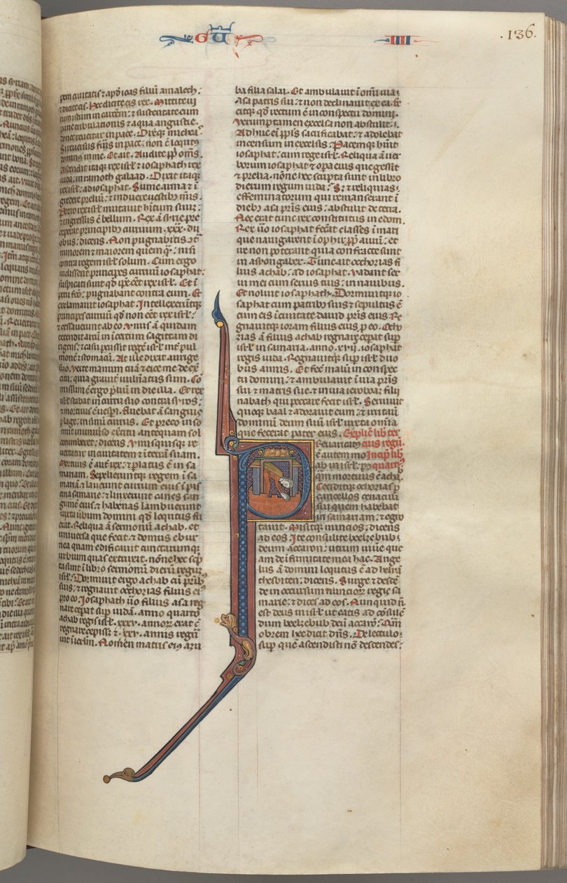 Fol. 136r, Re IV, iniziale istoriata P, Acazia che cade da una torre, c. 1275-1300 da Unbekannt