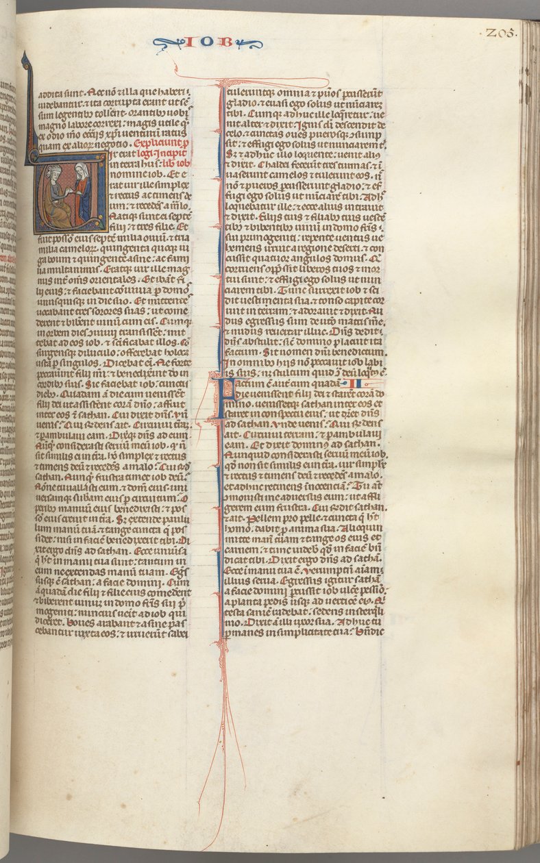 Fol. 205r, Giobbe, iniziale istoriata V, Giobbe sul letamaio con un orecchino d