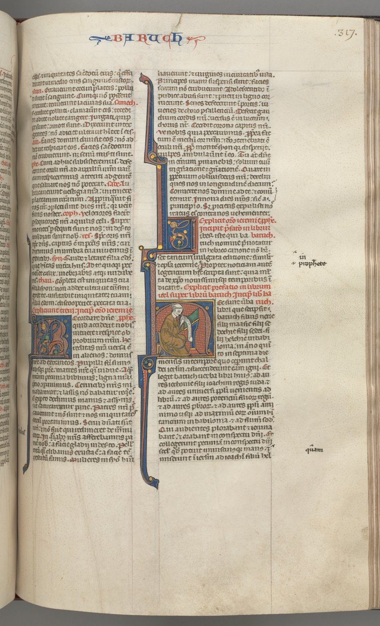 Fol. 317r, Baruch, iniziale istoriata H, Baruch seduto a una scrivania che scrive su un rotolo, c. 1275-1300 da Unbekannt