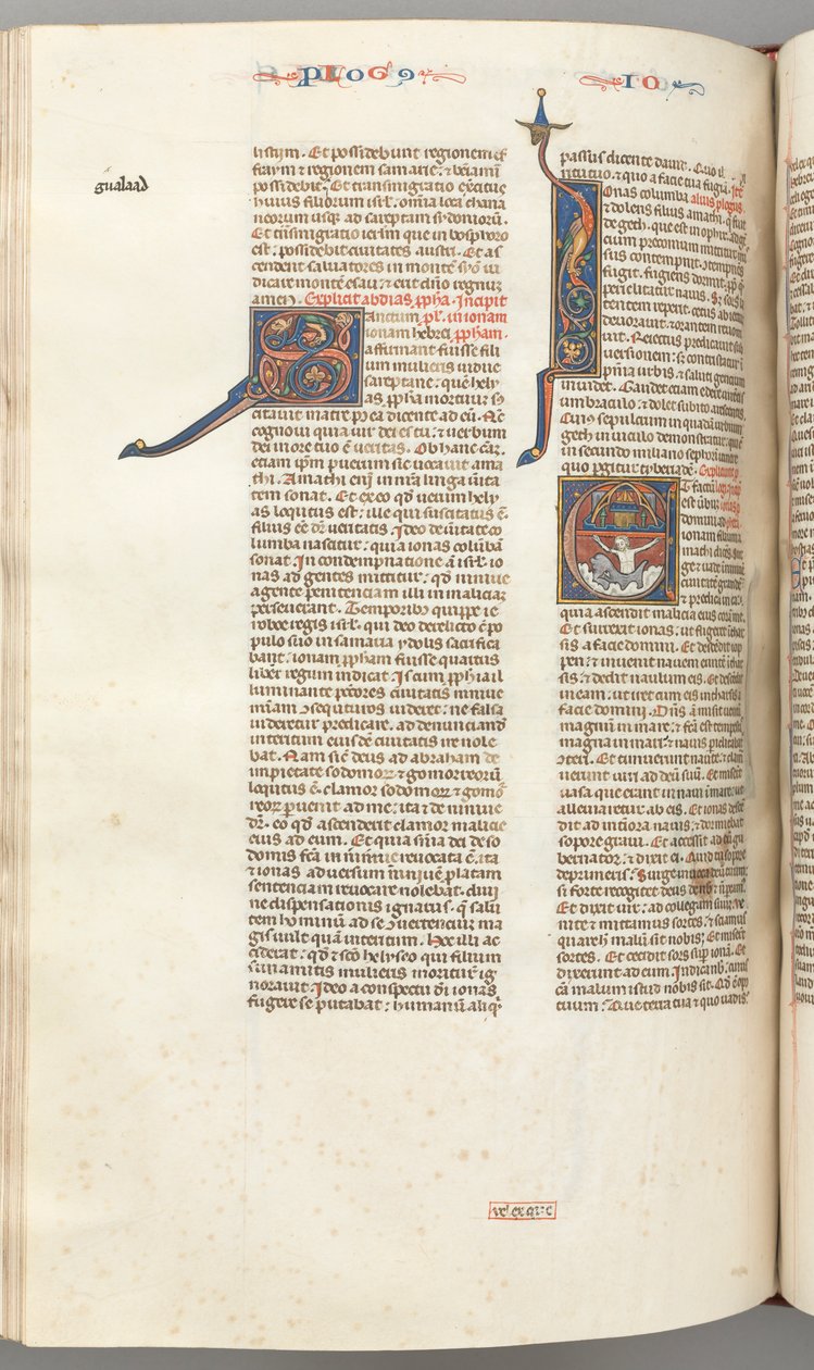 Fol. 357v, Giona, iniziale istoriata E, Giona inghiottito dalla balena, una città murata sopra, c. 1275 da Unbekannt