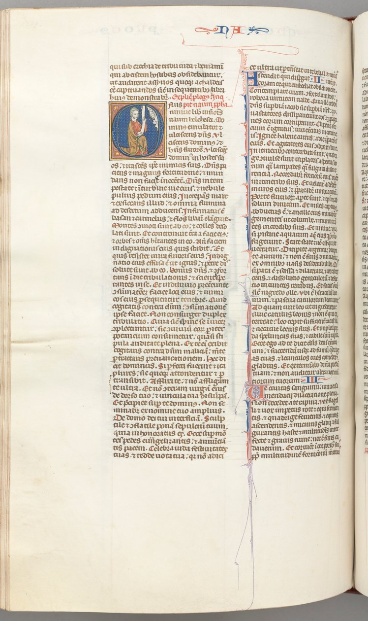 Fol. 360v, Nahum, iniziale istoriata O, Nahum inginocchiato con una pergamena, busto di Dio sopra, c. 1275-13 da Unbekannt