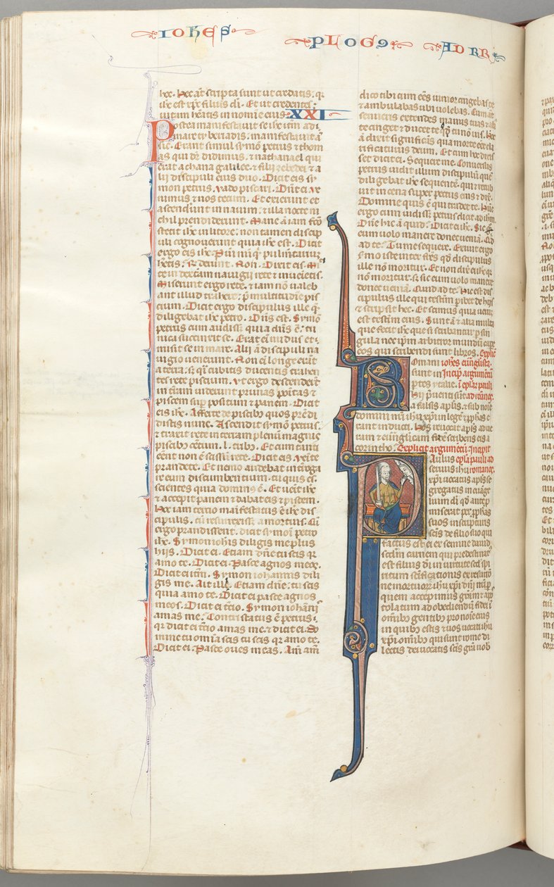 Fol. 435v, Romani, iniziale istoriata P, Paolo seduto con una spada che parla al busto di Dio, c. da Unbekannt