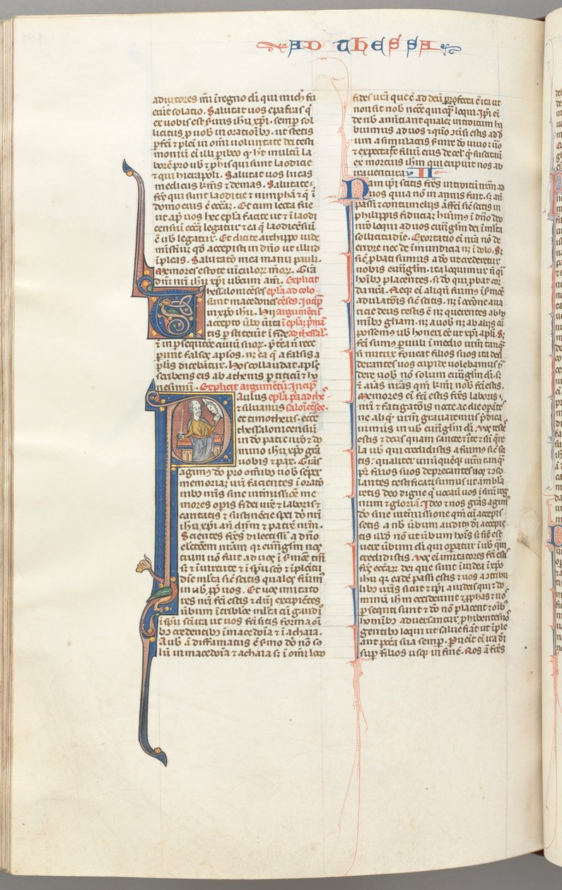Fol. 454v, Tessalonicesi I, iniziale istoriata P, Paolo seduto con una spada e un libro..., c. 1275-13 da Unbekannt