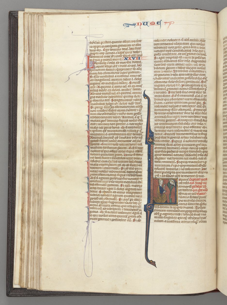Fol. 46v, Numeri, lettera istoriata L, Mosè con corna, inginocchiato davanti a Dio da Unbekannt