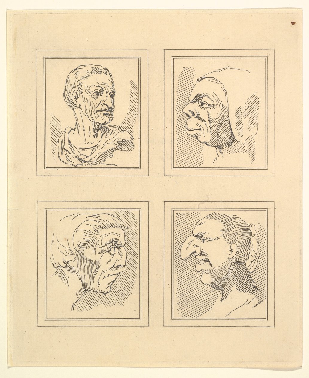 Quattro teste da Caricature di Leonardo da Vinci, da disegni di Wincelslaus Hollar, 1786 da Unbekannt