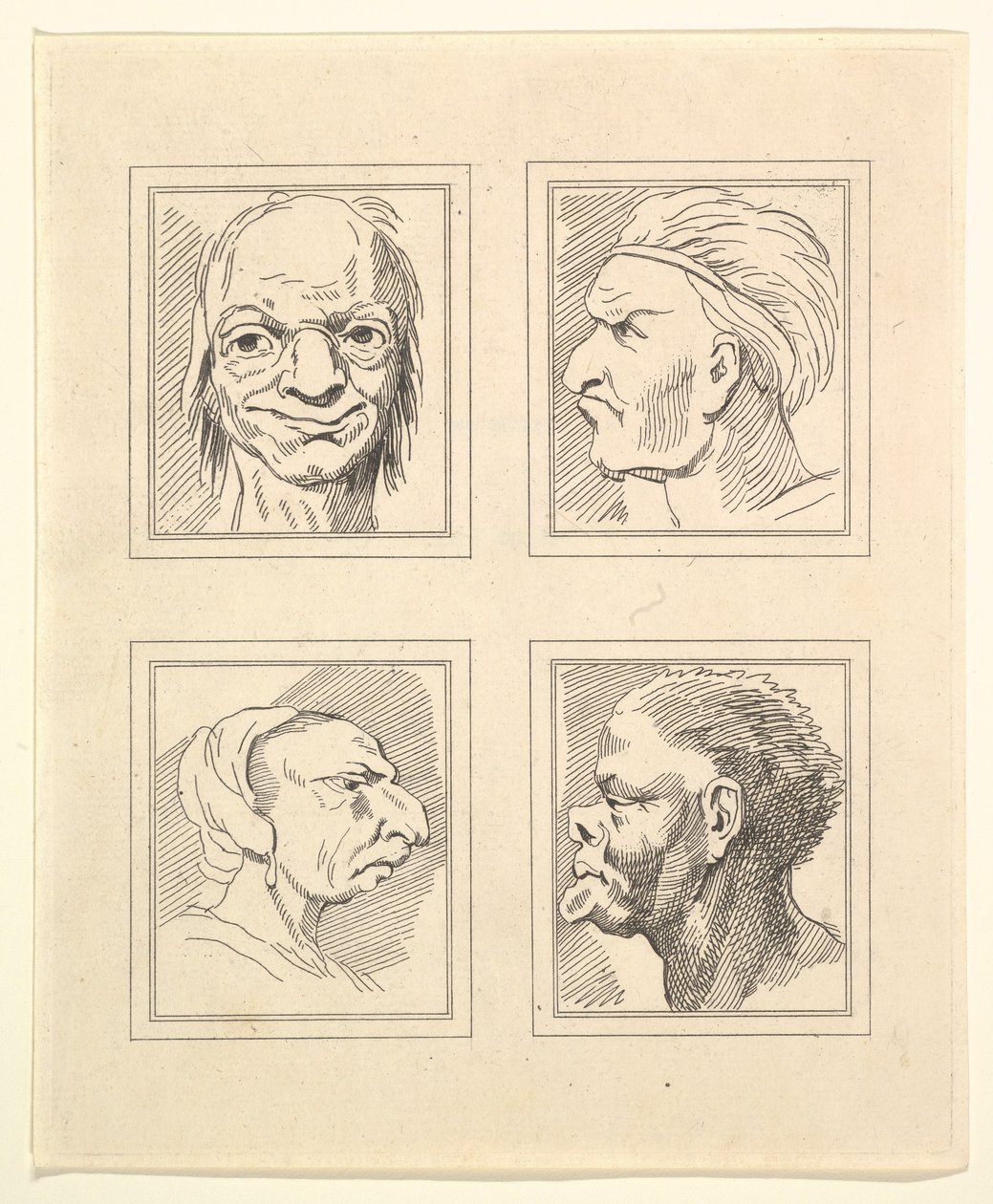 Quattro teste da Caricature di Leonardo da Vinci, da disegni di Wincelslaus Hollar, 1786 da Unbekannt
