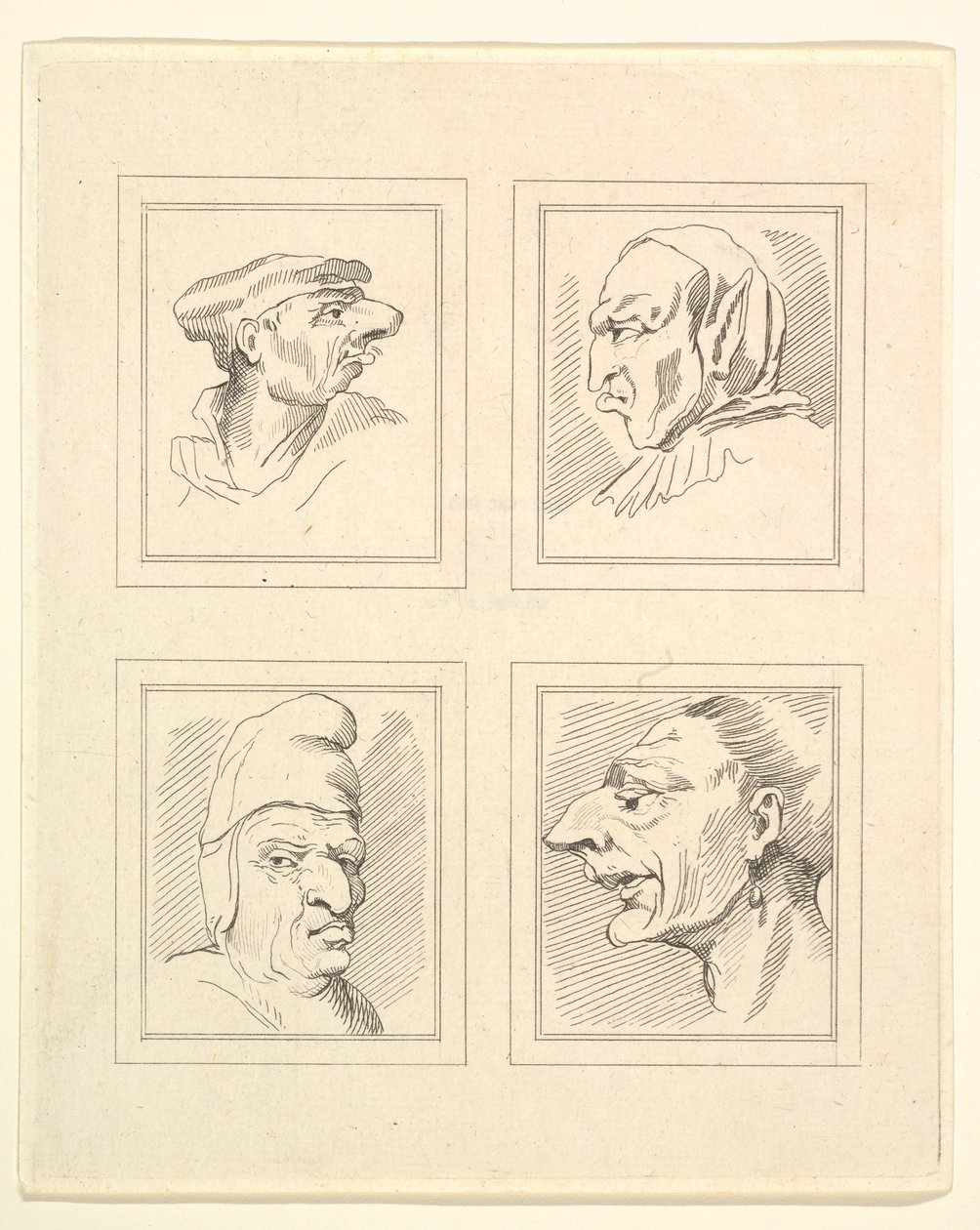 Quattro teste da Caricature di Leonardo da Vinci, da disegni di Wincelslaus Hollar, 1786 da Unbekannt