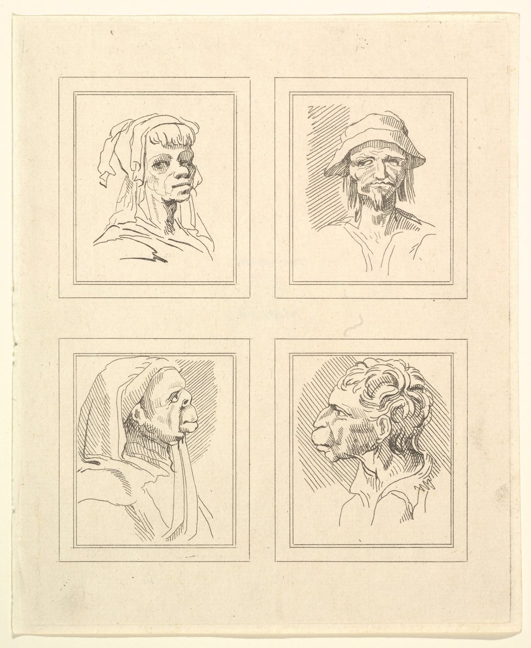Quattro teste da Caricature di Leonardo da Vinci, da disegni di Wincelslaus Hollar, 1786 da Unbekannt