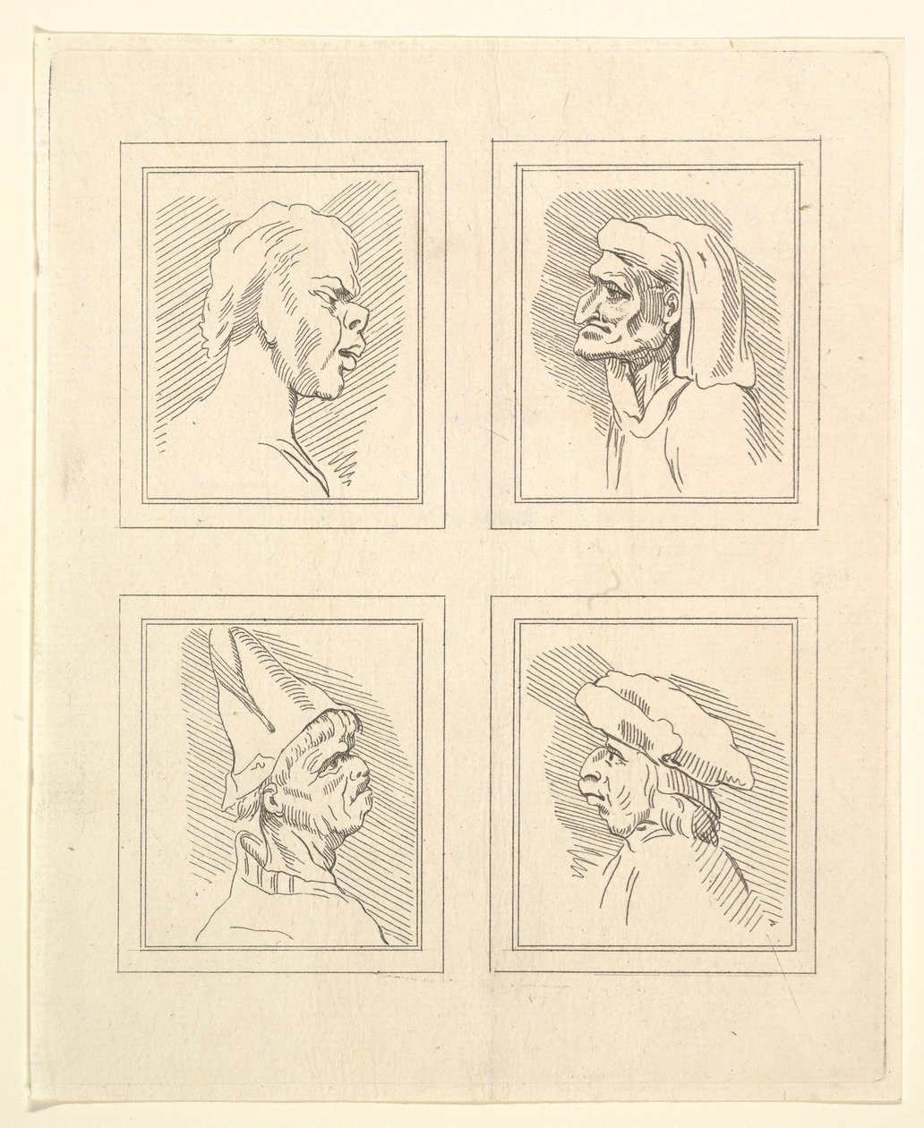 Quattro teste da Caricature di Leonardo da Vinci, da disegni di Wincelslaus Hollar, o..., 1786 da Unbekannt