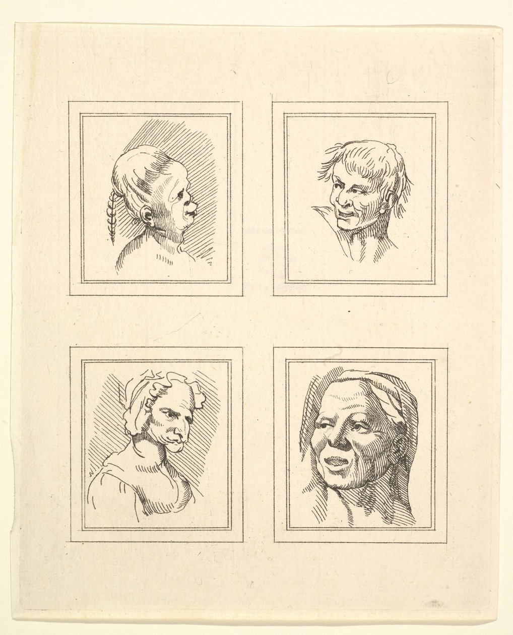 Quattro teste da caricature di Leonardo da Vinci, da disegni di Wincelslaus Hollar, 1786 da Unbekannt
