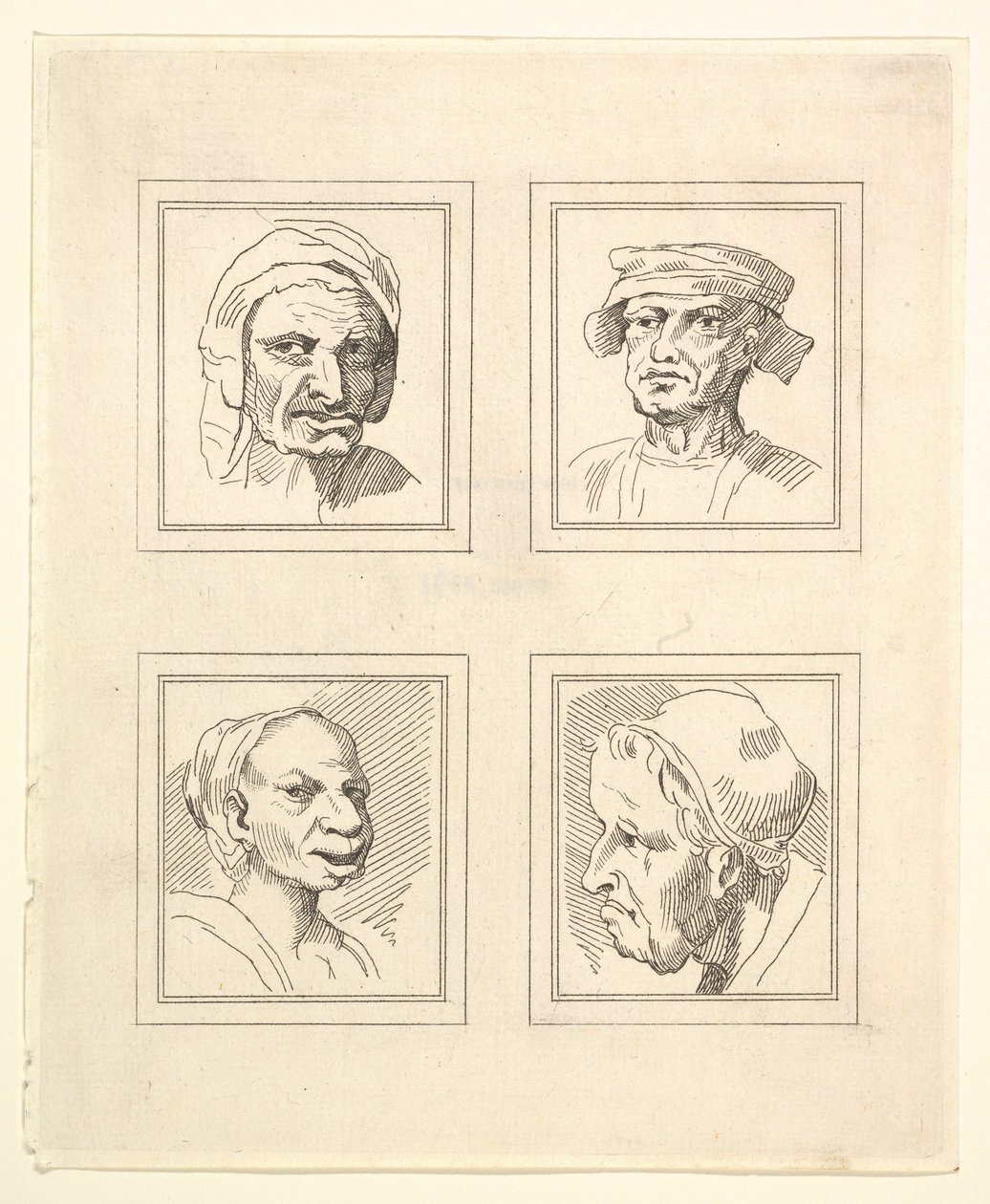 Quattro teste da Caricature di Leonardo da Vinci, da disegni di Wincelslaus Hollar, o..., 1786 da Unbekannt