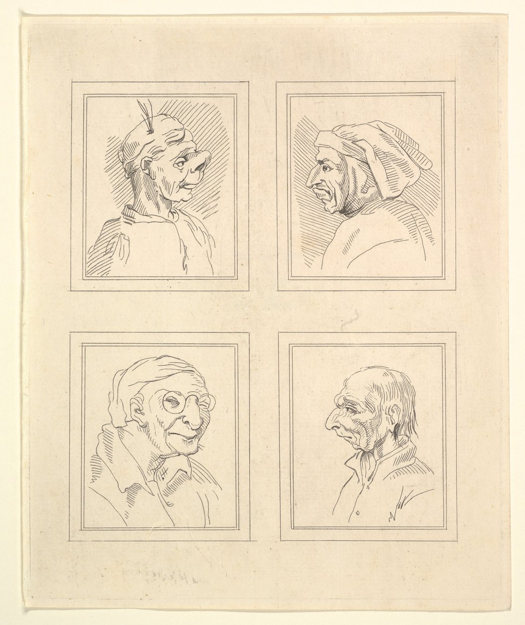 Quattro teste da Caricature di Leonardo da Vinci, da Disegni di Wincelslaus Hollar, o..., 1786 da Unbekannt