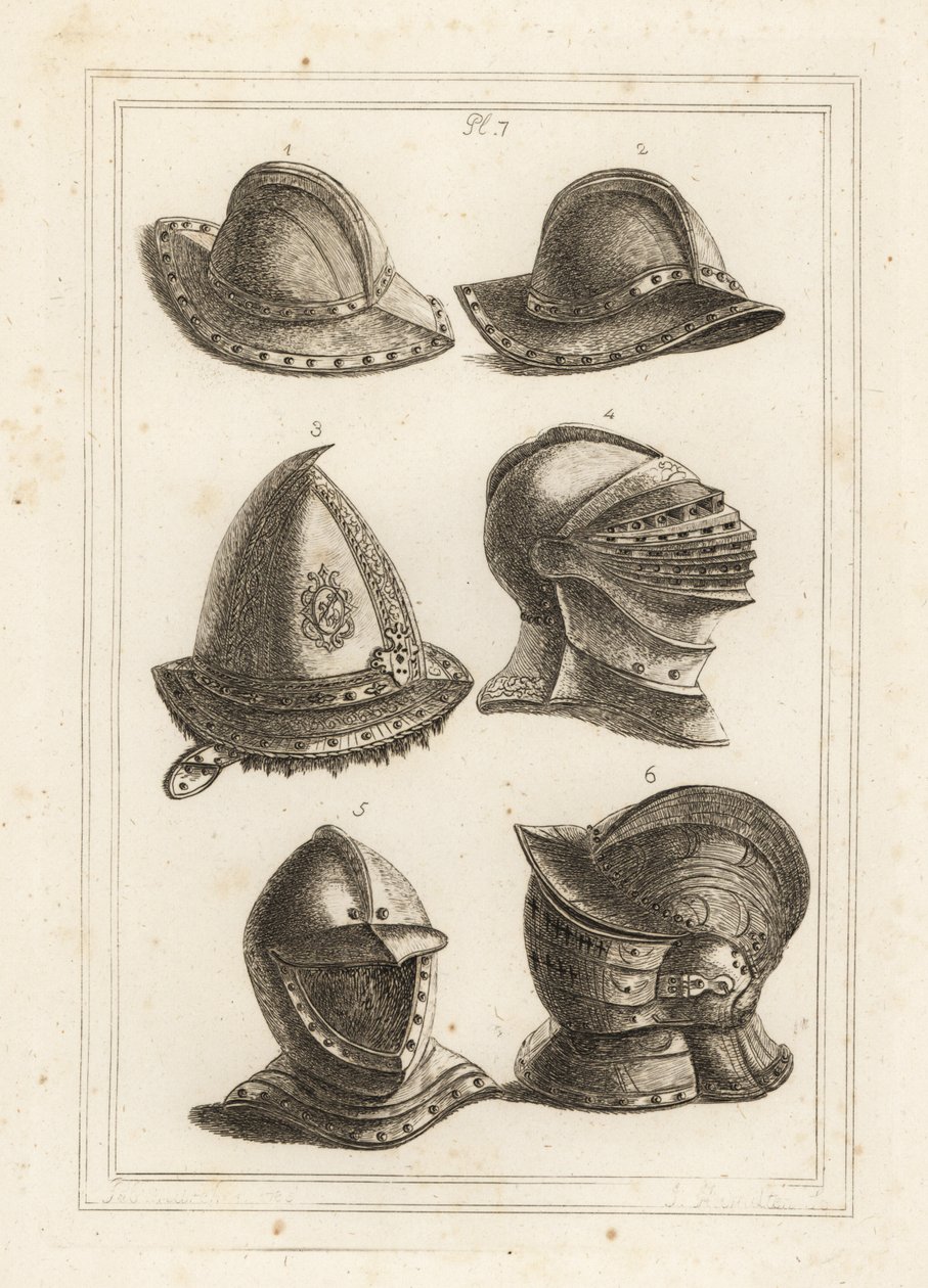 Elmo di ferro francese, elmo inciso in acciaio del XVI secolo, grande elmo lucido, elmo aperto, elmo ornato con visiera da Unbekannt