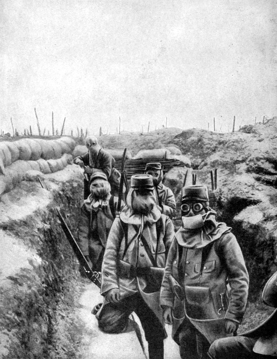 Soldati francesi con maschere antigas improvvisate, 1915 da Unbekannt