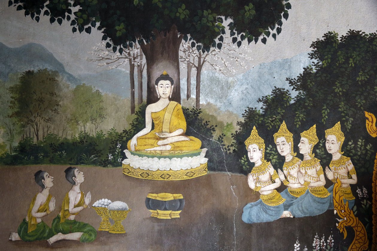 Affresco che raffigura una scena della vita del Buddha nel Wat Phra Doi Suthep, Chiang Mai. Buddha che riceve elemosine. Thailandia da Unbekannt