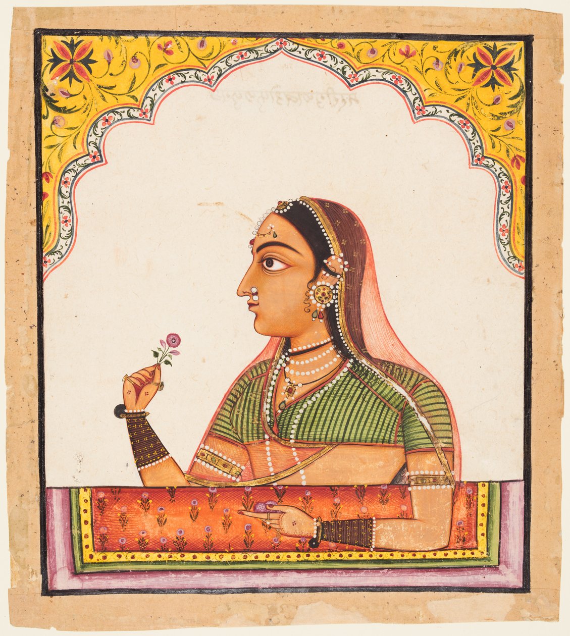 Da una serie di ritratti femminili: Una signora a una finestra jharoka che tiene una rosa, c. 1730 da Unbekannt