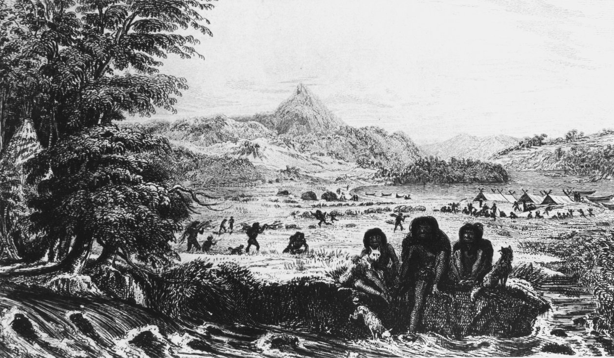 Fuegini a Woollya, con il campo della spedizione Fitzroy sullo sfondo da Unbekannt