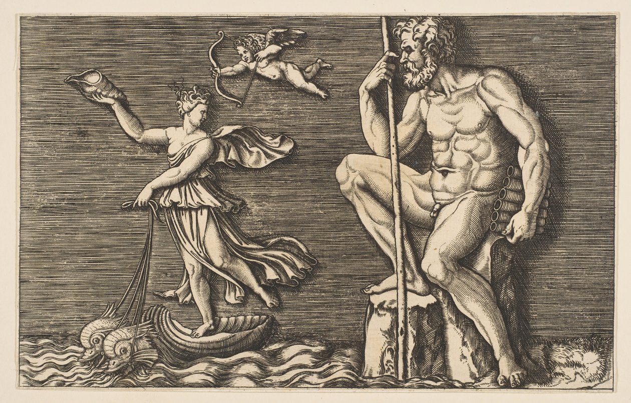Galatea che sfugge a Polifemo, seduto su una roccia con un bastone e flauti da Unbekannt