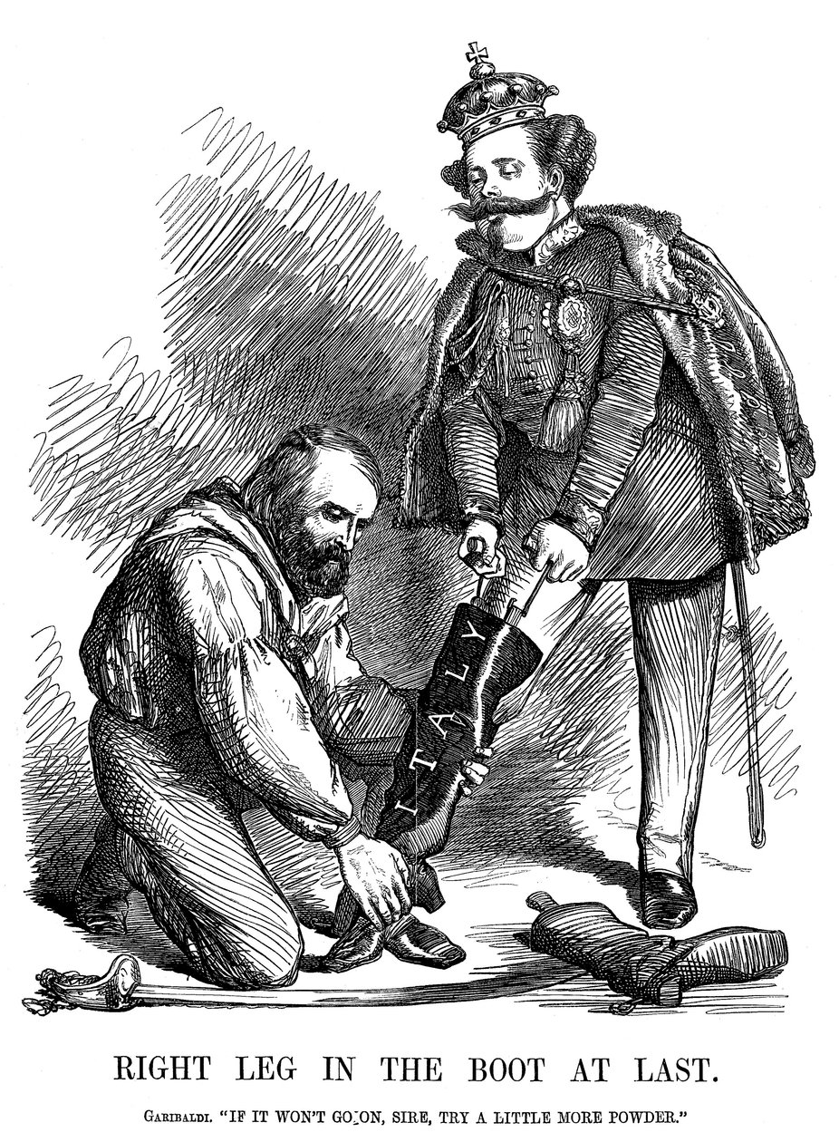 Giuseppe Garibaldi aiuta Vittorio Emanuele II a indossare lo stivale d