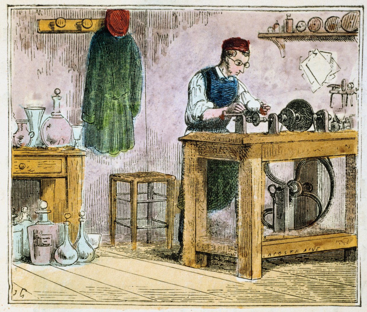 Tagliatore di vetro che decora articoli da tavola su una ruota di carburo di silicio, 1867 da Unbekannt